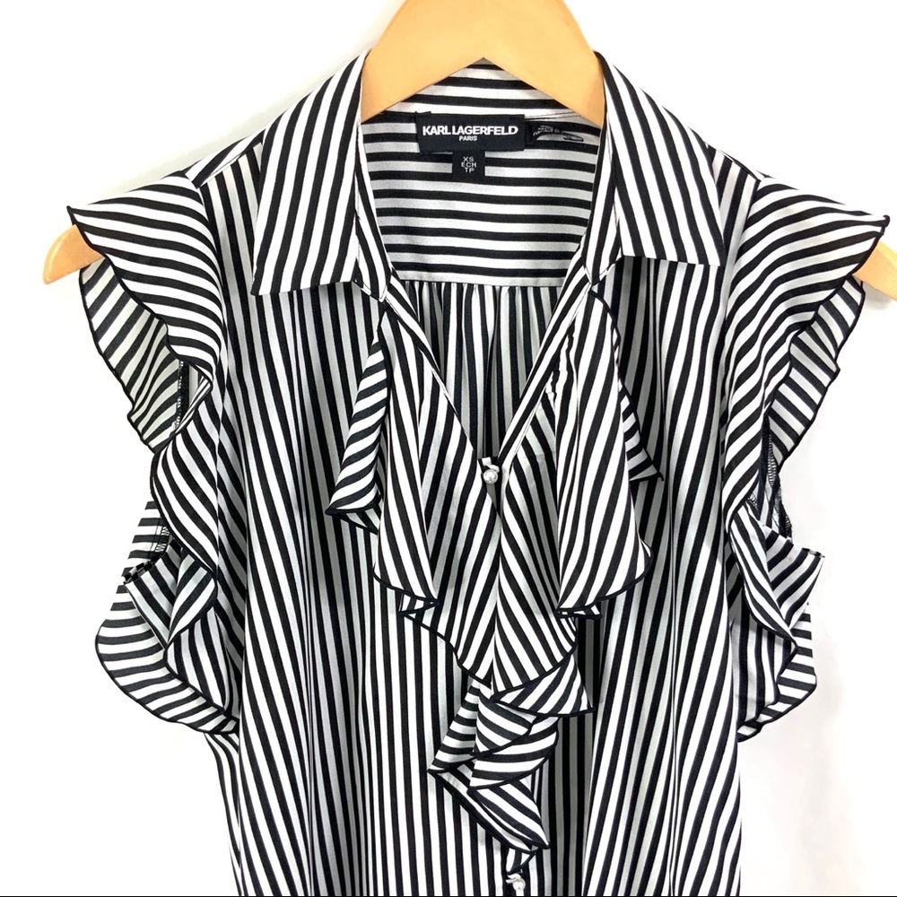 KARL LAGERFELD Paris Sleeveless Black White Vertical Striped Tank Top Ruffle M18 - Picture 2 of 8